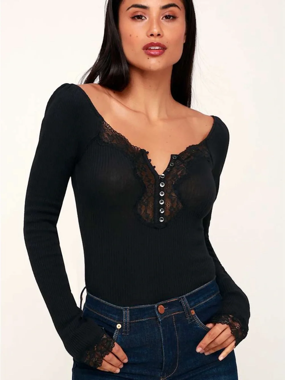 Free People To the West Black Lace Button Henley Ribbed Stretch Long Sleeve Top